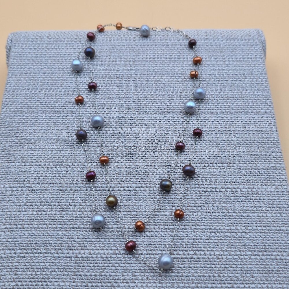 18 Inch Sterling Silver Double Layer Of Colorful Pearls Necklace A5219